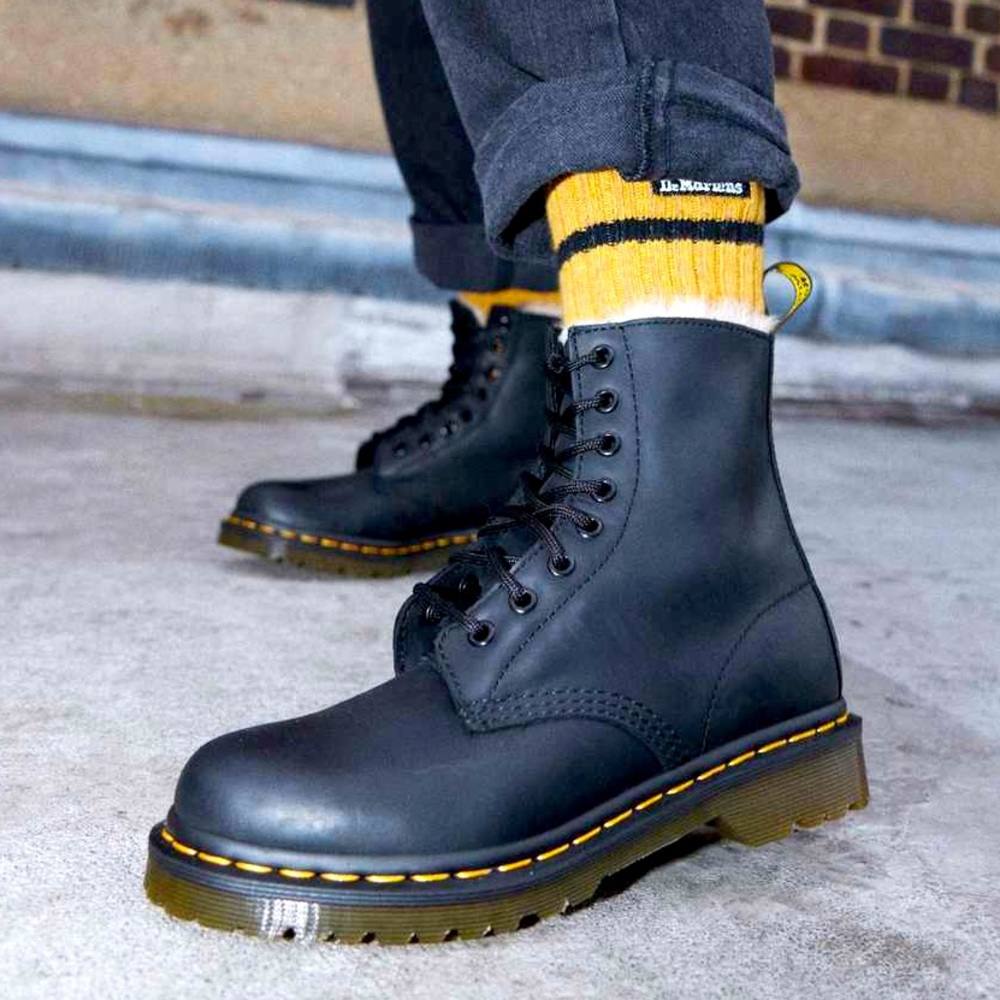 Dr. Martens 1460 Serena Black Burnished Leather Faux Fur Lined Platform Boots